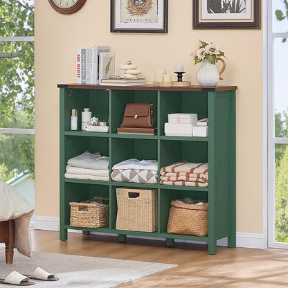 9 Cube Storage Organizer, Farmhouse 47 Inch Wide Vintage Green Bookshelf, Wooden 3 Tier Display Large Open Book Shelf, Rustic Bookcase for Home Office, Cubby Storage Cabinet for Living Room