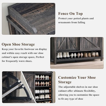 OKD Shoe Storage Cabinet with 2 Flip Drawers & Sliding Door, Farmhouse Entryway Shoe Organizer, Freestanding Rustic Hidden Shoe Rack Cabinet for Entryway, Dark Rustic Oak