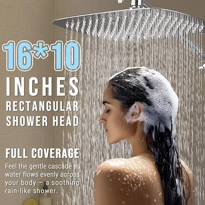 G-Promise All Metal 16 Inch Dual Square Shower Head with Handheld Spray Combo, Rain Shower Head, Adjustable Extension Arm, 3-Way Diverter, 71 Inch Extra Long Hose - A Bathroom Upgrade (Chrome)