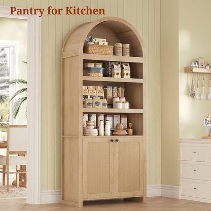 81" Tall Arched Cabinets,Bookcase with storage,Mid-Century Modern 6-Tier Bookshelf with Door,2 Book Risers and Adjustable Shelves offering more storage space for Living Room,Kitchen,Home Office,Oak