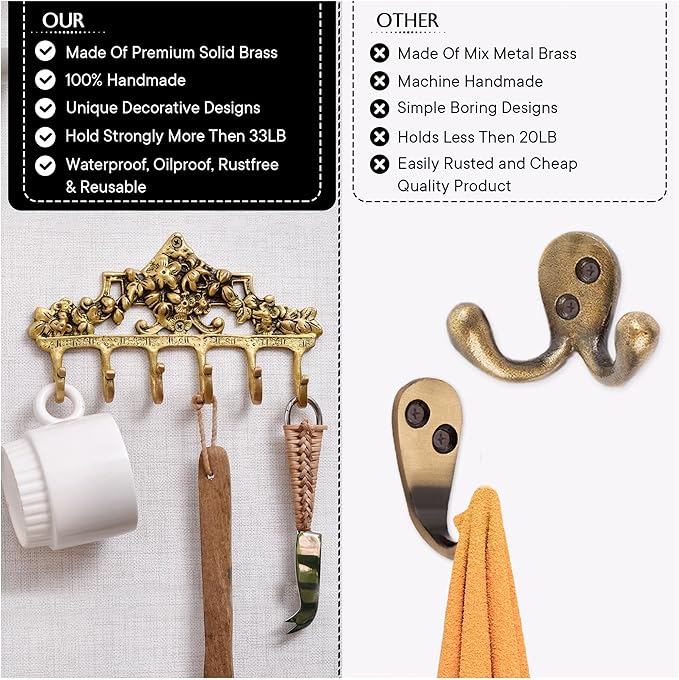 IndianShelf Gold Vintage Wall Hooks for Keys- Boho Key Holder Wall Mount - Coat Rack - Victorian Brass Coat Hooks- Decorative Key Hanger - Antique Shabby Chic Hat Rack- Towel Hooks for Bathrooms