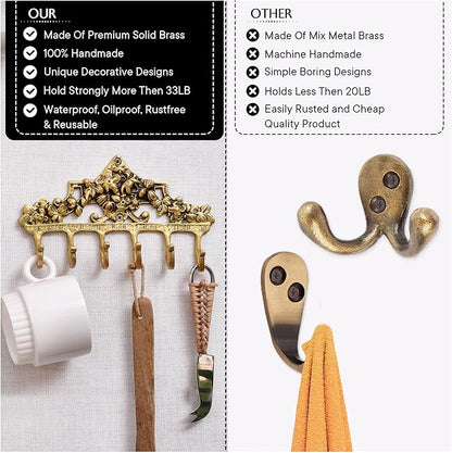 IndianShelf Gold Vintage Wall Hooks for Keys- Boho Key Holder Wall Mount - Coat Rack - Victorian Brass Coat Hooks- Decorative Key Hanger - Antique Shabby Chic Hat Rack- Towel Hooks for Bathrooms
