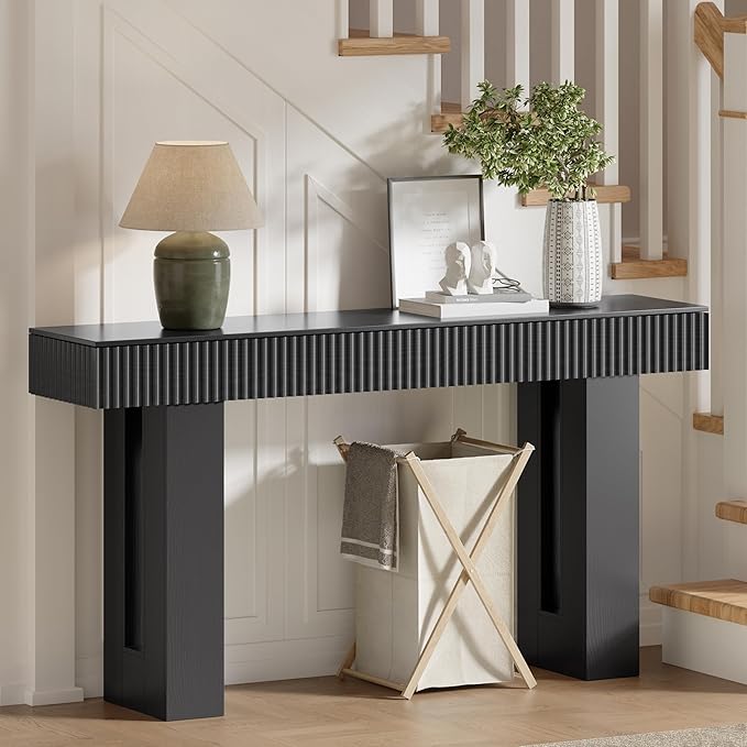 63-Inch Long Entryway Console Table with a Fluted Design, Thick Wood Farmhouse Sofa Table Behind Couch, Narrow Hallway Accent Table for Living Room, Foyer, Entrance, Modern Black