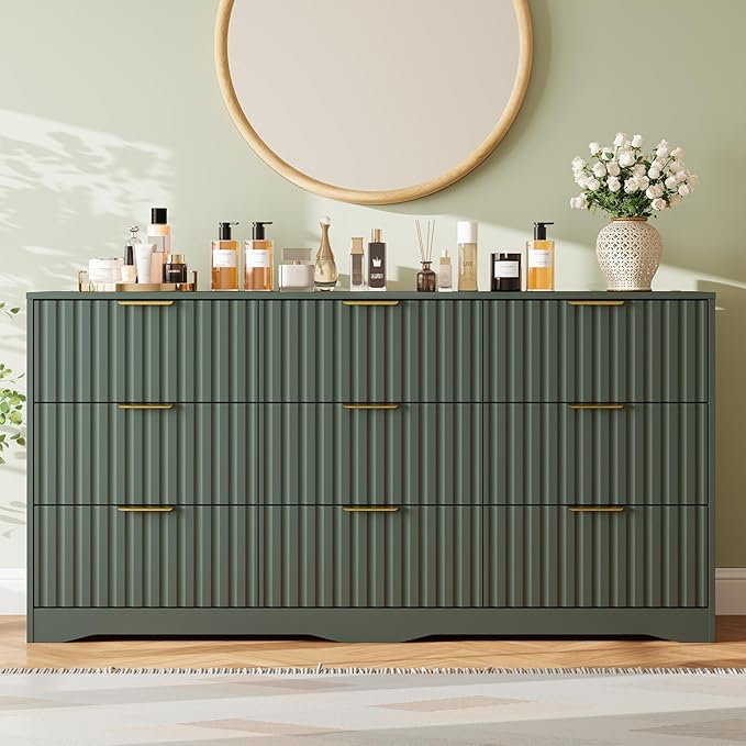 Fluted 9 Drawers Dresser for Bedroom, 63" Wide Wood Dressers Chest of Drawers with Metal Handle, Long Modern Dresser TV Stand Storage Organizer for Living Room, Green