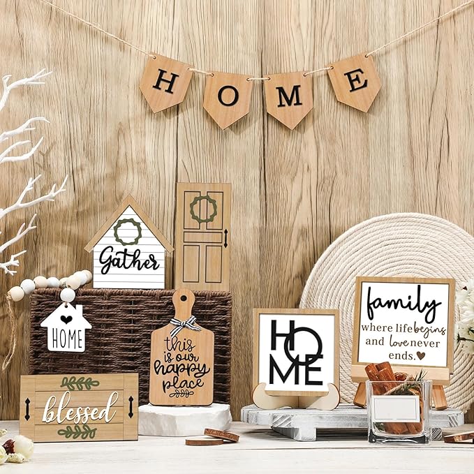 11 Pcs Home Tiered Tray Decor Gather Rustic Farmhouse Tiered Tray Decorations Set Home Wooden Signs Vintage Farm Animal Farmhouse Tabletop Wood Signs for Kitchen Table Shelf Decor