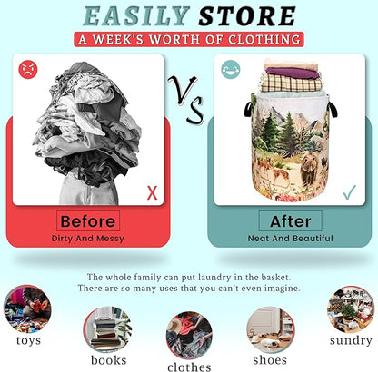 Watercolor Animals Laundry Hamper With Handles Foldable Oxford Cloth Animal Bear Deer Tote Bag Funny Laundry Basket Clothes Toy Storage Bucket Men Women 18.9" x 16.5" For Bathroom/Laundry/Bedroom
