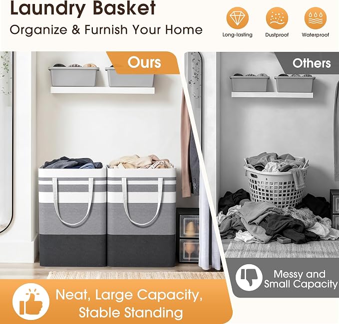 HomeHacks 2 Pack Large Laundry Baskets, Waterproof, Freestanding Laundry Hampers, Collapsible Clothes Hamper with Reinforced Handles in Laundry Room, College Dorm, Bathroom, Bedroom (Grey, 75Lx2)