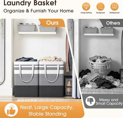 HomeHacks 2 Pack Large Laundry Baskets, Waterproof, Freestanding Laundry Hampers, Collapsible Clothes Hamper with Reinforced Handles in Laundry Room, College Dorm, Bathroom, Bedroom (Grey, 75Lx2)