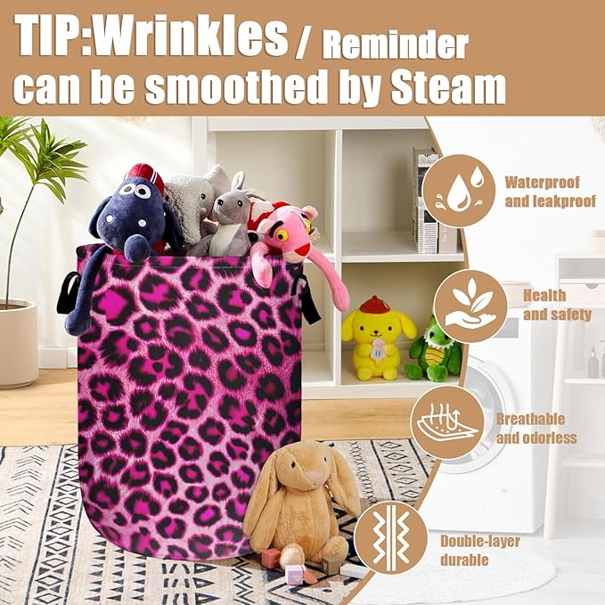 Pink Leopard Print Laundry Basket, Foldable Animal Skin Laundry Hamper Tote Bag Dirty Clothes Storage Bucket Toy Organizer for Bathroom/Laundry/Bedroom 15.7"x19.6"