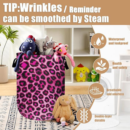 Pink Leopard Print Laundry Basket, Foldable Animal Skin Laundry Hamper Tote Bag Dirty Clothes Storage Bucket Toy Organizer for Bathroom/Laundry/Bedroom 15.7"x19.6"