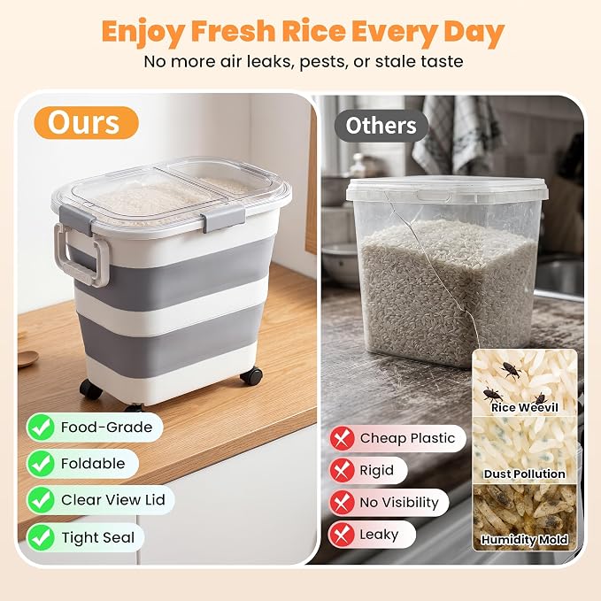 30 Lbs Rice Storage Container with Wheels, Collapsible Airtight Dog Food Storage Container with Transparent Lid, Measuring Cup, Scoop, Handle, BPA Free Rice Holder for Pet Food, Grain, Bird Seed