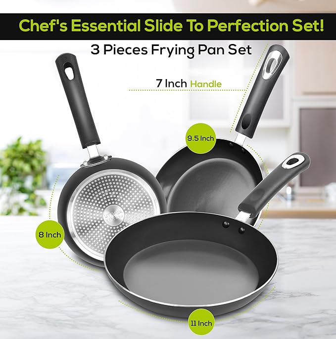 Utopia Kitchen Nonstick Cookware 3 Piece Omelette Pan Skillet Set, Nonstick Frying Pans with Induction Bottom, 8, 9.5 & 11 Inches Frying Pans with Bakelite Handles, PFOA Free, Grey
