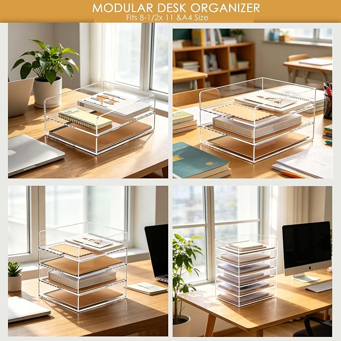 SANRUI 4 Tier Stackable Acrylic Letter Tray, 5mm Thick Clear Desk File Organizer, Document Paper Tray with Stable Bottom Bar for Letter A4 Office Supplies