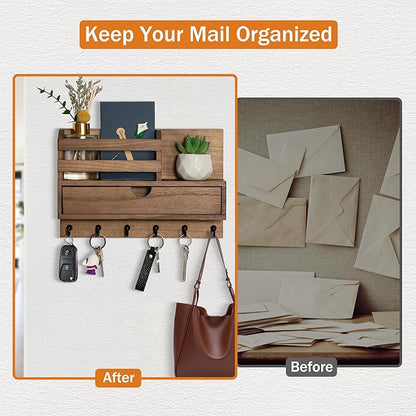 Key and Mail Holder for Wall, Mail Organizer Wall Mount with 6 Hooks and Storage Drawer, Wooden Key Rack Hanger with Shelf for Entryway and Home Decor
