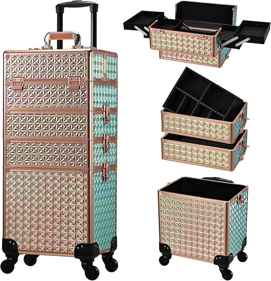 Stagiant Rolling Makeup Case Cosmetology Case on Wheels 4 in 1 Large Cosmetic Organizer Train Case Makeup Travel Case with Key Swivel Wheels Nail Artist Salon Storage Traveling Cart Trunk Rose Gold