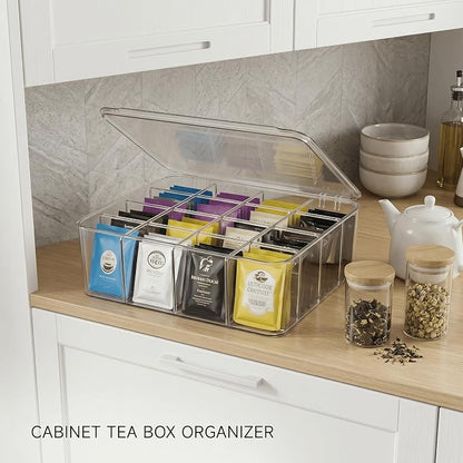Tea Bags Organizer: Extra Large Tea Bag Holder with Lid - Drink Packets Organizer for Cabinet, Counter, Countertop, TeaBag Holder for 16 Different Types (Large)