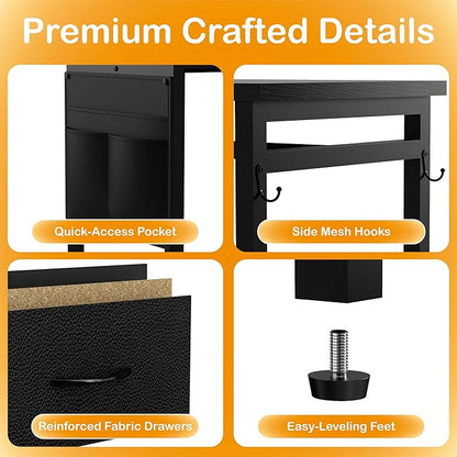Dresser with Hanging Clothes Rack, 4 Drawers Dresser for Bedroom with LED Lights and Charging Station, Fabric Storage Chest of Drawers for Closet with Clothes Rack Bedroom Kid’s Room, Metal, Black