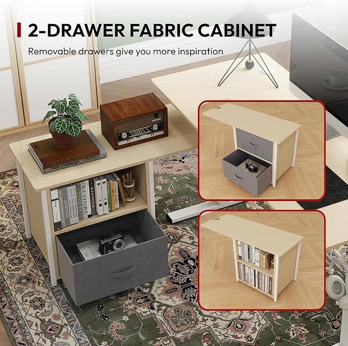SANODESK 55'' L Shaped Standing Desk with 2-Drawer File Cabinet, Electric Height Adjustable Stand up Desk w/USB Charge Ports, Home Office Modern Wood Computer Desk with Shelves,White Frame/Maple Top