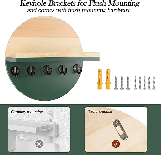 Key Holder for Wall with Shelf - Wood Mail Organizer and Rack with Shelf Hooks Wall Mounted for Entryway Decor Magazines Letter Storage Farmhouse Living Room Bedroom Doorway Green