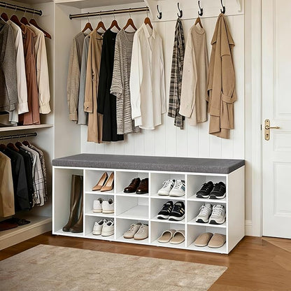 DINZI LVJ Shoe Storage Bench with Cushion, 15-Cubby Shoe Rack, Adjustable Shelves, Long Shoe Organizer Bench for Entryway, Mudroom, Hallway, Living Room, Bedroom and Garage, White