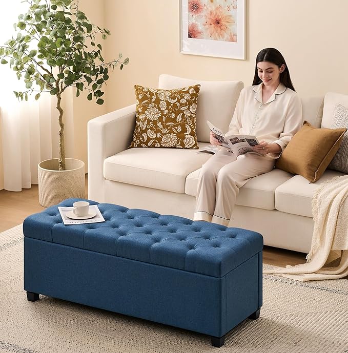 47.2" Ottoman with Storage, Storage Ottoman Bench with Safety Hinge,Tufted End of Bed Bench, Upholstered Entryway Bench for Bedroom, Living Room & Window (Blue-Upgraded Version)