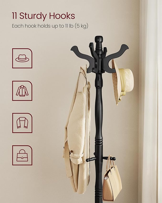 VASAGLE Coat Stand, Solid Wood Freestanding Coat Rack with 11 Hooks, Hall Tree for Bags, Purses, Hats, for Entryway, Hallway, Rubberwood, Ink Black URCR005B01