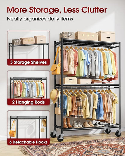 Sakugi Clothes Rack - Double Hanging Rod Clothing Rack with Wheels & Leveling Feet, Large Capacity Wardrobe Closet with Shelves for Bedroom, Laundry Room, Entryway, 45.2" x 12.6" x 80.7", Black