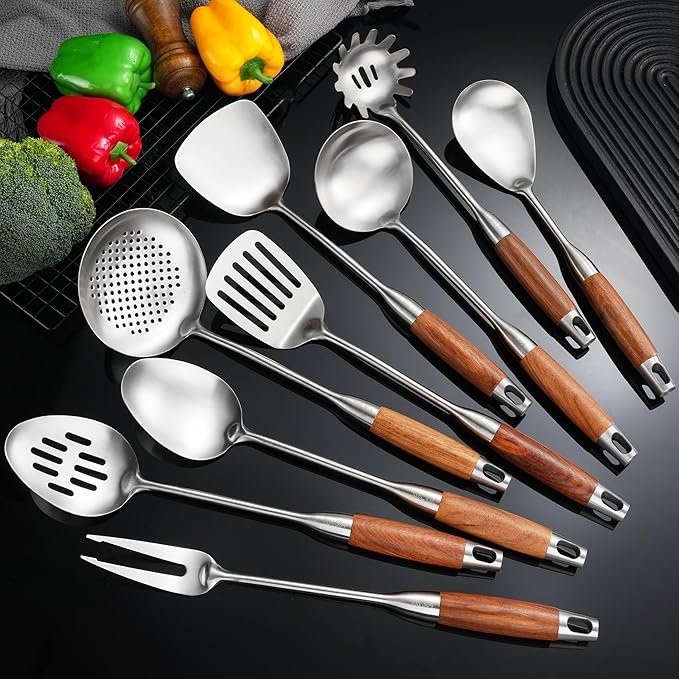 18/10 Stainless Steel Kitchen Utensils 12.5"-14" Wooden Handle Metal Cooking Utensils Set 9 PCS, Solid and Slotted Spoon, Fork, Spatula, Ladle, Skimmer, Slotted Tunner, Spaghetti Large Spoon