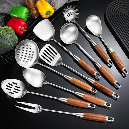 18/10 Stainless Steel Kitchen Utensils 12.5"-14" Wooden Handle Metal Cooking Utensils Set 9 PCS, Solid and Slotted Spoon, Fork, Spatula, Ladle, Skimmer, Slotted Tunner, Spaghetti Large Spoon