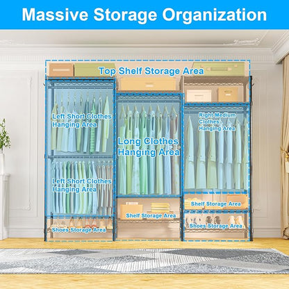 Ulif E13C Heavy Duty Closet Organizer System，Freestanding Clothing Racks for Hanging Clothes，Adjustable Garment Rack 63" W x 16" D x 77" H Hold 960 lbs，Black Clothing Rack with Grey Dustproof Cover