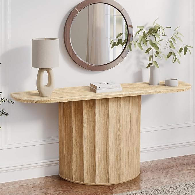Fluted Console Table, 59'' Narrow Wooden Sofa Tables Behind Couch, Modern Entryway Table with Storage Curved Accent Table for Hallway, Living Room, Entrance, Foyer (Natural)
