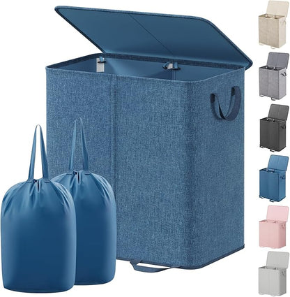 Lifewit Double Laundry Hamper with Lid and Removable Laundry Bags, Large Collapsible 2 Dividers Dirty Clothes Basket with Handles for Bedroom, Laundry Room, Closet, Bathroom, College, 136L Blue