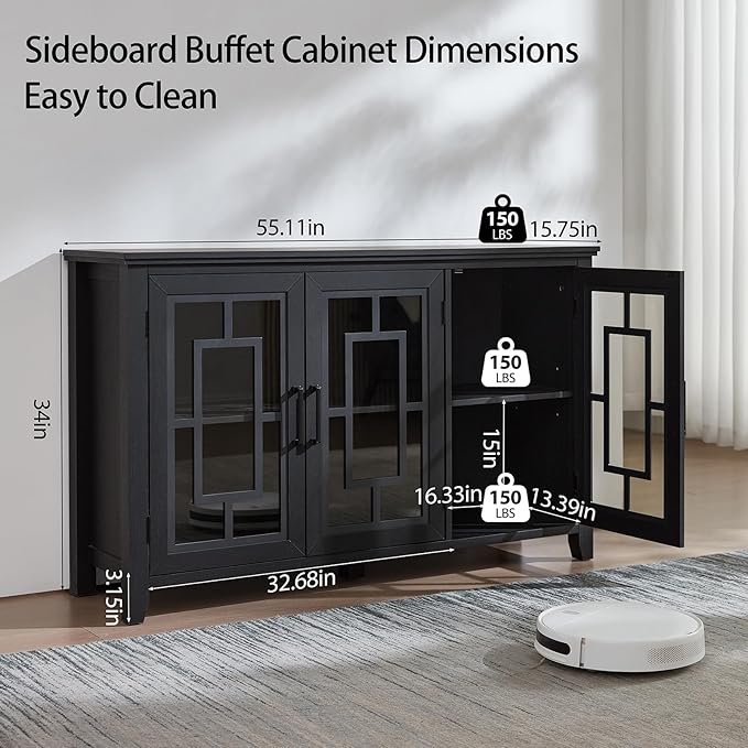 Large Sideboard Buffet Cabinet with Storage, 55" Farmhouse Black Kitchen Coffee Wine Bar Cabinet with 3 Glass Doors, Wood Mid Century Modern Side Board Table for Dining Room, Living Room