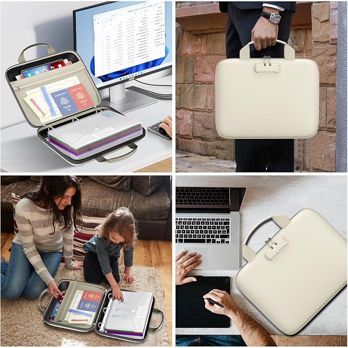Binder Folders Organizer with 20 Pack Heavyweight Plastic Pockets,Fireproof File Folder Box with Lock,Zipper Binder Bag for Important Documents,Letter Size,Beige