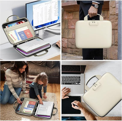 Binder Folders Organizer with 20 Pack Heavyweight Plastic Pockets,Fireproof File Folder Box with Lock,Zipper Binder Bag for Important Documents,Letter Size,Beige