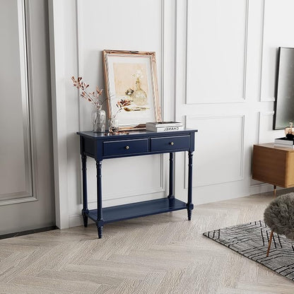 Solid Wood Console Table with 2 Drawers, 2-Tier 35.4" X 30" Accent Sofa Table with Multilayer Storage Shelf Rustic Hall Entryway Tables for Living Room Home Office-Blue