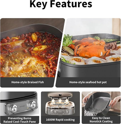 6-Quart Electric Skillet, Hot Pot | Non-Stick PFOA-Free Ceramic-Coated Pot, 1600W, Timer & 3 Power Settings for Steak, Egg, Ramen, Nonstick Pot