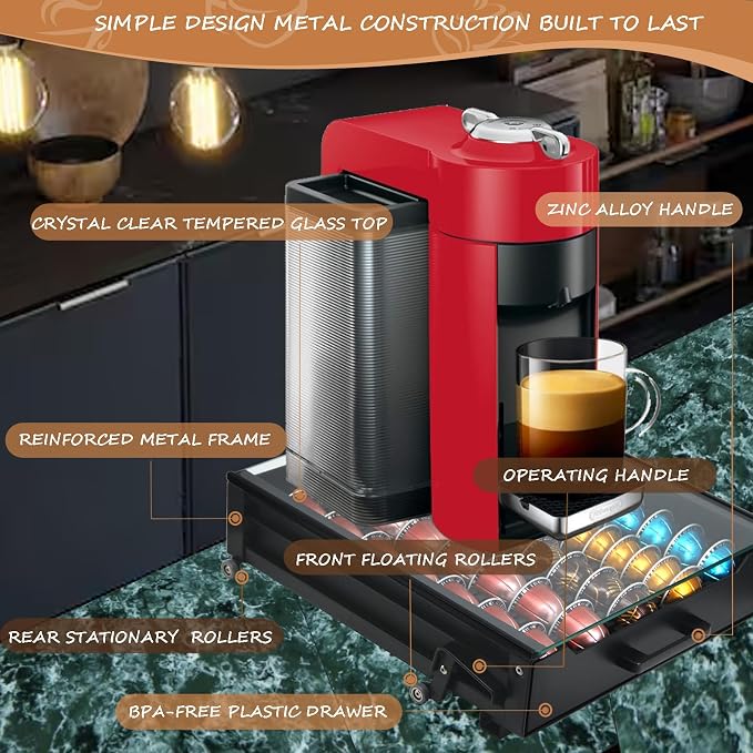 Vertuo Pod Holder Drawer with Deluxe Black Tempered Glass Top, Compatible for Nespresso VertuoLine Pods, Holds up to 75 Small or 50 Big Vertuo Pods Compact Design (CRYSTAL CLEAR ROLLING DRAWER)