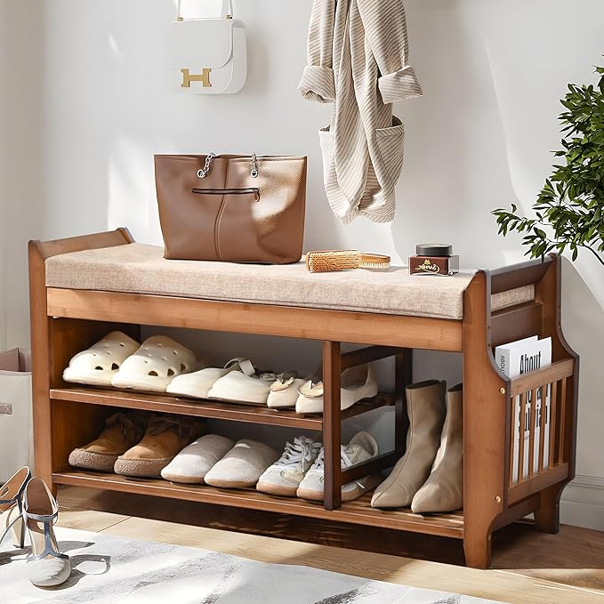 Shoe Bench with Hidden Drawer and Side Holder, 2 Tier Entryway Bench with Storage 39.4 in, Bamboo Shoe Rack with Cushion for Entryway Hallway Living Room Bedroom