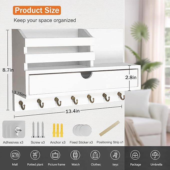 Key and Mail Holder for Wall, Mail Organizer Wall Mount with 6 Hooks and Storage Drawer, Wooden Key Rack Hanger with Shelf for Entryway and Home Decor