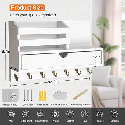 Key and Mail Holder for Wall, Mail Organizer Wall Mount with 6 Hooks and Storage Drawer, Wooden Key Rack Hanger with Shelf for Entryway and Home Decor
