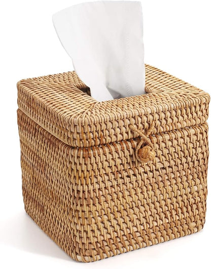 Rattan Square Tissue Box Cover, 5.7" x 5.7" x 5", Decorative Woven Facial Tissue Holder with Hinged Top Lid, Natural Color