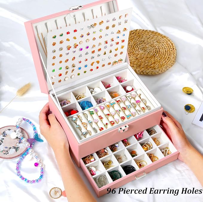 QBestry Earring Jewelry Box for Girls Pink, 5 Layers Jewelry Organizer with Lock Key Jewelry Boxes for Women Necklace and Earring Holder Organizer for Girls Teen Jewelry Box Earrings Case Xmas Gifts