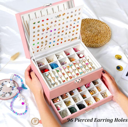 QBestry Earring Jewelry Box for Girls Pink, 5 Layers Jewelry Organizer with Lock Key Jewelry Boxes for Women Necklace and Earring Holder Organizer for Girls Teen Jewelry Box Earrings Case Xmas Gifts
