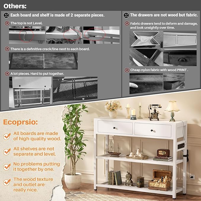 Ecoprsio Entryway Table with Outlets and USB Ports, Console Table with 2 Drawers, Small Sofa Table with Storage Shelves for Living Room, Couch, Hallway, Foyer, Kitchen Counter, 32'', White