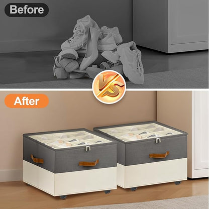 Shoe Organizer for Closet, 2 Pack Shoe Storage Organizer with Wheels and Adjustable Dividers, Stackable Shoe Storage Box with Clear Cover, Closet Shoe Organizer Fits up to 16-32 Pairs, Gray and Beige