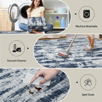 2'6''x8' Runner Rugs Washable Rug: Modern Abstract Living Room Rug Soft Anti-Skid Thin Carpet Indoor Floor Non-Shedding Carpets for Bedroom Dining Room Farmhouse Nursery Home Office Blue Grey