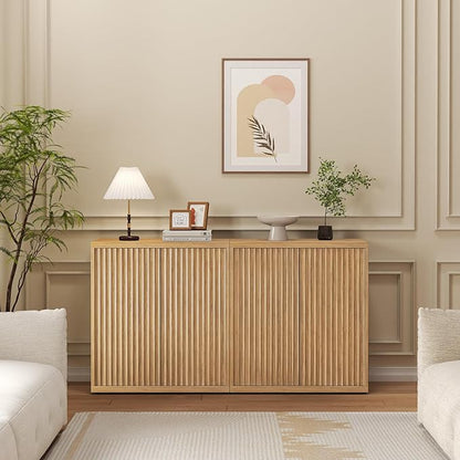 31” Sideboard Cabinet with Storage, Fluted Accent Cabinet with Adjustable Shelves, Modern Wood Credenza Cabinets with Pop-up Doors for Entryway Kitchen Living Room Hallway, Oak 2pcs
