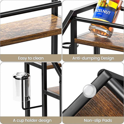 Coffee Syrup Rack Organizer, Spice Racks, Syrup Bottle Holder Stand for Coffee Bar, 4-Tier 16 Bottles Storage Shelves for Syrup, Wine, Dressing for Kitchen Countertop, Rustic Brown & Black