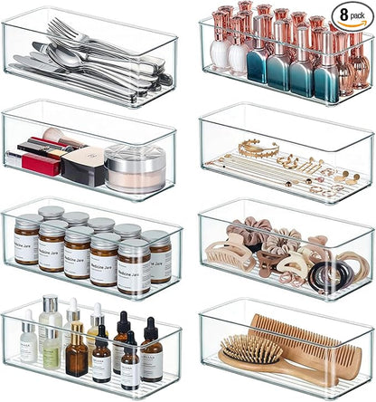 Qilinba 8 PACK Drawer Organizers Deep Drawer Organizer Bins Silverware Organizer Clear Stackable Storage Bins for Bathroom, Pantry, Office, Vanity, Desk Organization and Storage